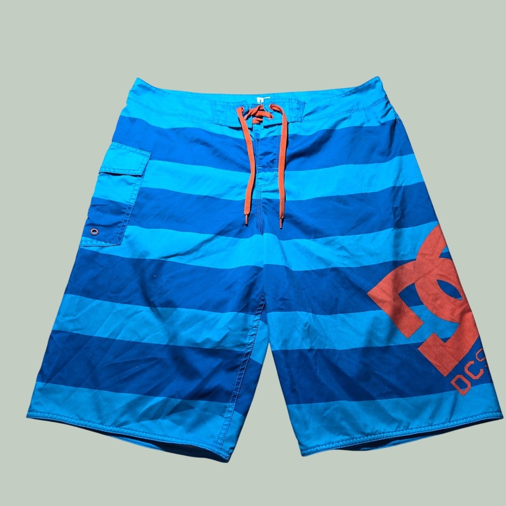 DC Shoes Board Shorts Mens 36 Blue Striped Orange Logo Y2K Skater Swim Trunks
